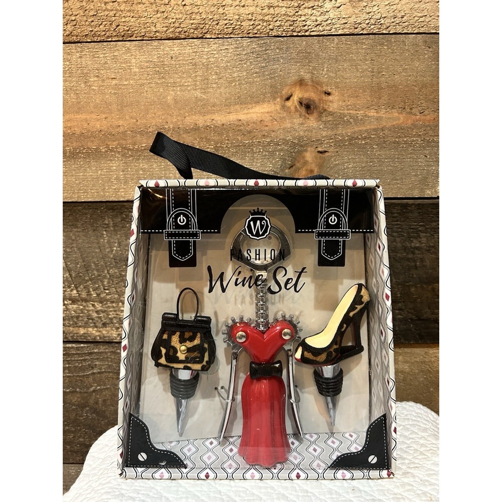Wild Eye Design Fashion Wine 3 Piece Set, 1 Opener and 2 Stoppers NEW